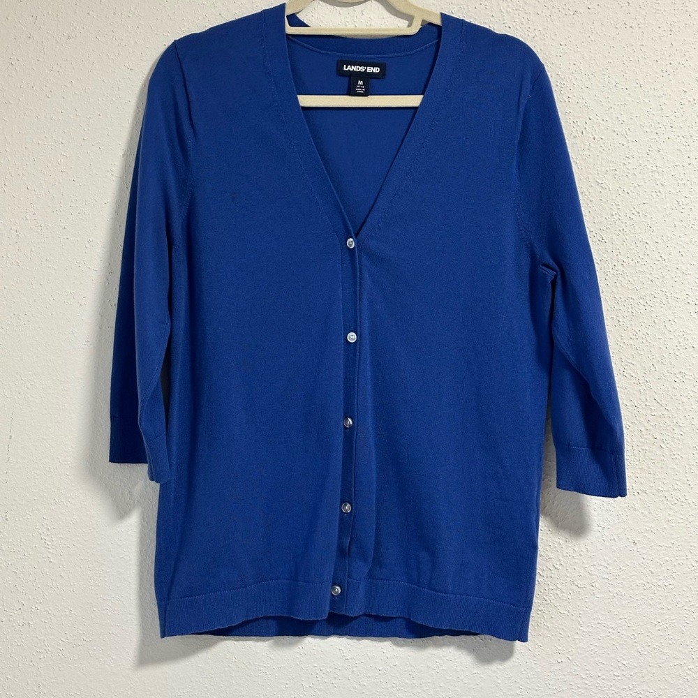 Lands' End Blue Button Supima Cotton Stretch Blend Cardigan Womens Medium Preown